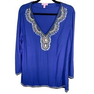 Lilly Pulitzer, Sz. Large, Deep Blue Beaded Tunic Top, Long Sleeve, Boho, Preppy